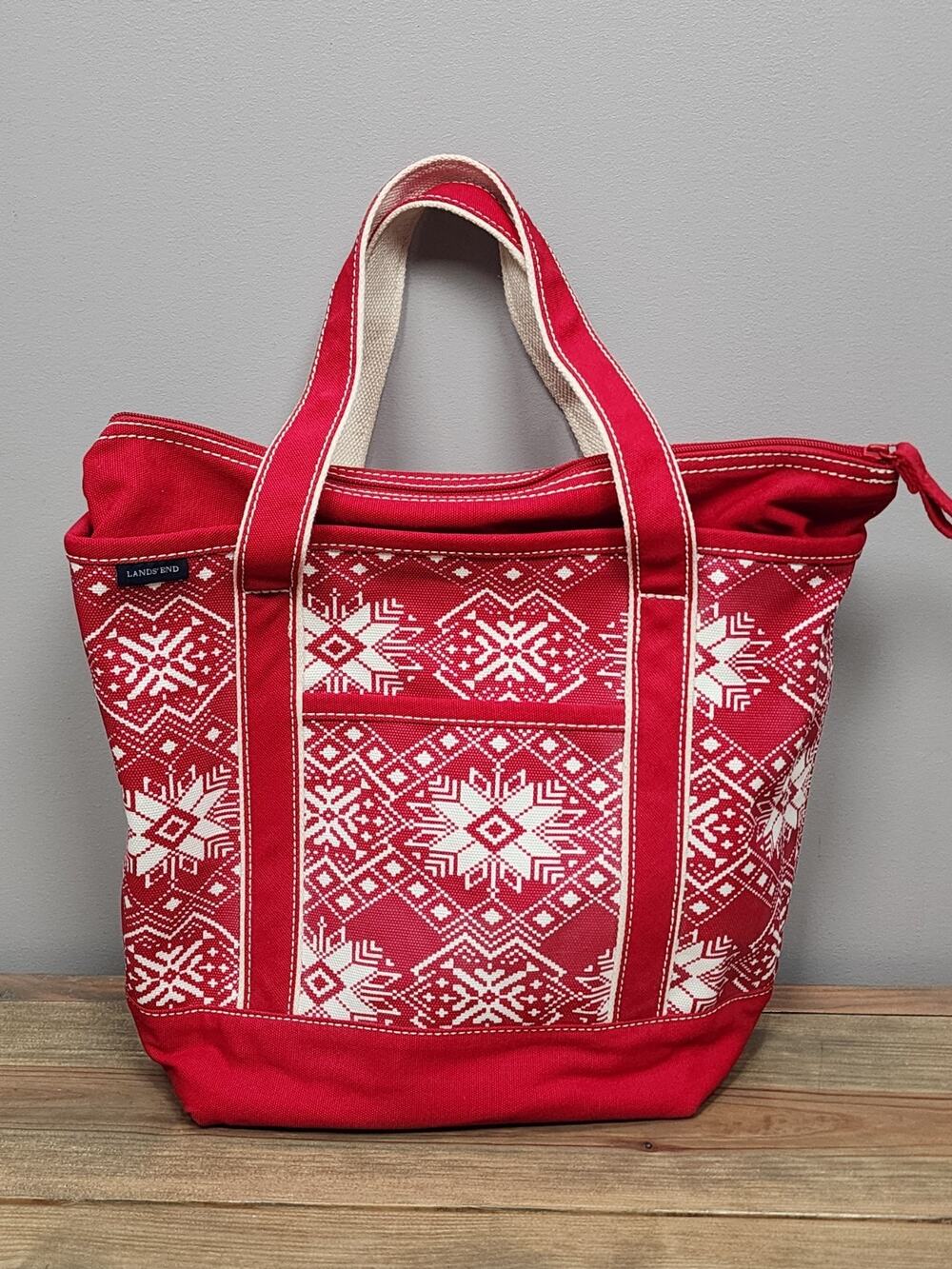 Lands End Medium Size Nordic Snowflake Red Canvas Zip Tote